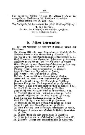 Der Charakter als Professor ist beigelegt worden den Oberlehrern : [D. Höhere Lehranstalten]