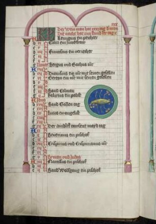 Kalender unter Arkadenrahmen, Medaillon mit Tierkreiszeichen Skorpion