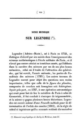 Notice Historique. Sur Legendre. Tableau de principlaes notations employées dans cet ouvrage.