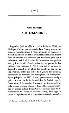 Notice Historique. Sur Legendre. Tableau de principlaes notations employées dans cet ouvrage.