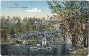 Görlitz. Eisenbahnviadukt und Fußgängerbrücke, kolorierte Ansichtskarte
