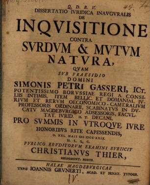 Dissertatio iuridica inauguralis de inquisitione contra surdum & mutum natura