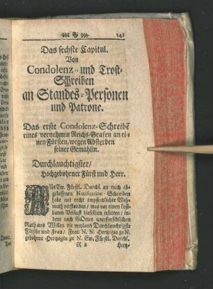 [Das achte Capitul.] Von Condolenz- und Trost-Schreiben an Standes-Personen und Patrone.