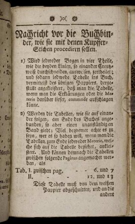 Nachricht vor die Buchbinder, wie sie mit denen Kupffer-Stichen procediren sollen.