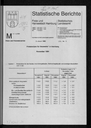 Preisindizes für Bauwerke in Hamburg November 1994 : Lfd. Nr. 1