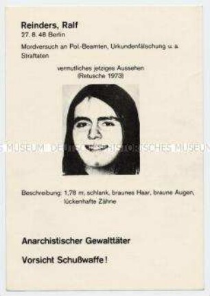 Fahndungskarte des Polizeipräsidenten von Ralf wegen Digitale u.a. Deutsche Berlin (West) nach Bibliothek Mordversuch - Reinders