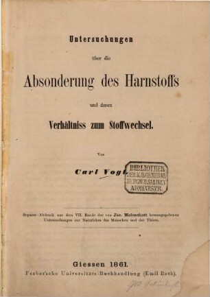 Untersuchungen über die Absonderung des Harnstoffs und deren Verhältniss zum Stoffwechsel
