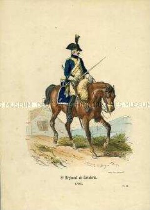 Uniformdarstellung, Reiter des 8. Kavallerie-Regiments zu Pferd, Frankreich, 1795.