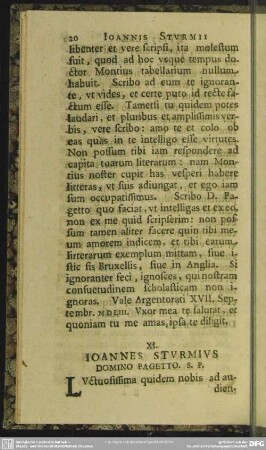 XI. Ioannes Sturmius Domino Pagetto. S. P.