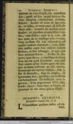 XI. Ioannes Sturmius Domino Pagetto. S. P.