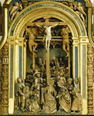 "Kreuzaltar": Passionsretabel mit Darstellung der Kreuzigung (zentral), Kreuztragung (links), Grablegung (rechts) und der Wurzel Jesse (unterer Teil) — Kreuzigung Christi