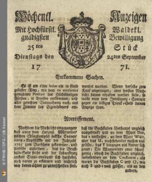 25tes Stück, Dienstags den 24ten September 1771