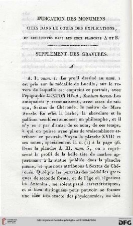 Indication des monumens cités dans le cours des explications, et représentés dans les deux planches A et B