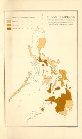 Islas Filipinas. Mapa que demuestra la producción de coprax en kilógramos por cada hectárea de terreno cultivado