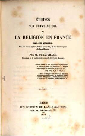 Études sur l'état actuel de la religion en France : Sur ses causes, sur les maux qu'on doit en craindre, et sur les moyens de l'améliorer