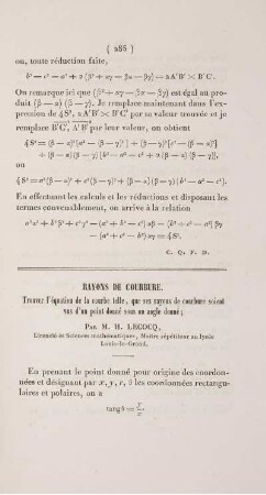 Rayons de courbure. Trouver l'équation de la courbe telle, que ses rayons de courbure soient vus d'un point donné sous un angle donné.