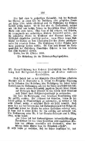Verpflichtung der Lehrer hinsichtlich der Ertheilung des Religions-Unterrichts an Kinder anderer Confession : [IV. Elementarschulwesen]