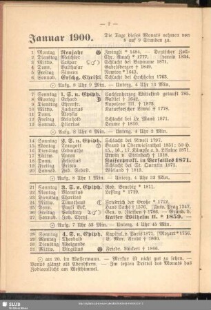 Kalendarium mit geschichtlichen Notizen