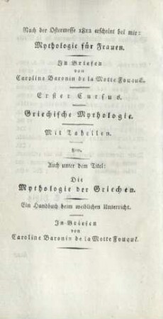 Nach der Ostermesse 1812 erschien bei mir: Mythologie der Frauen ...