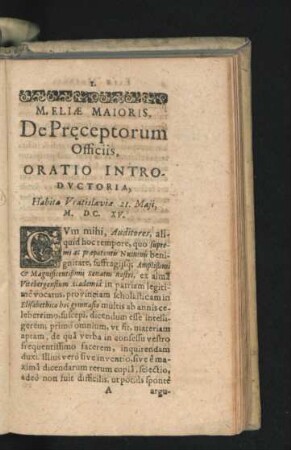 De Preceptorum Officiis. Oratio Introductoria. Habita Vratislaviae 21. Maii, MDCXV.