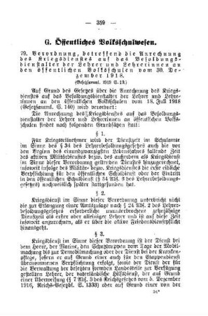 Verordnung, betreffend die Anrechnung des Kriegsdienstes auf das Besoldungsdienstalter der Lehrer und Lehrerinnen an den öffentlichen Volksschulen vom 30. Dezember 1918 : [G. Öffentliches Volksschulwesen]