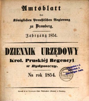 Amtsblatt der Königlichen Preußischen Regierung zu Bromberg. 1854