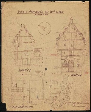 Jugendburg Rotenberg, Rauenberg-Rotenberg: Grundriss Kellergeschoss, Schnitte 1:100