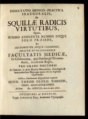 Dissertatio Medico-Practica Inauguralis, De Squillæ Radicis Virtutibus
