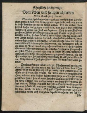 Vom Leben und seeligen absterben Herrn D. Aegidii Hunnii.