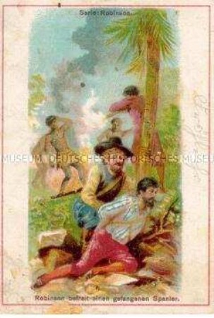 Sammelbild der Serie "Robinson"; mit Werbung für die Margarine Muldenperle; um 1900