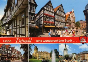 Postkarte. Lippe - Detmold - eine wunderschöne Stadt. Alte Fachwerkhäuser, Schüler Straße, Schloß, Markt, Lange Straße