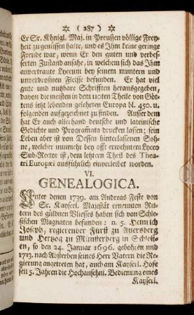 VI. Genealogica.