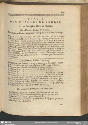Traité Des Changes De Berlin Sur les Principales Places de l'Europe. Des Monnoyes Réelles & de change. Des Monnoyes Etrangeres qui y ont cours, & des prix courans des changes