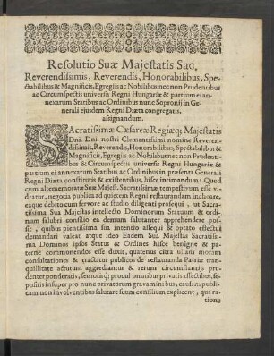 Resolutio Suae Maiestatis ...