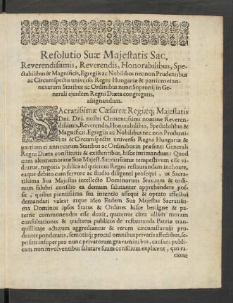 Resolutio Suae Maiestatis ...