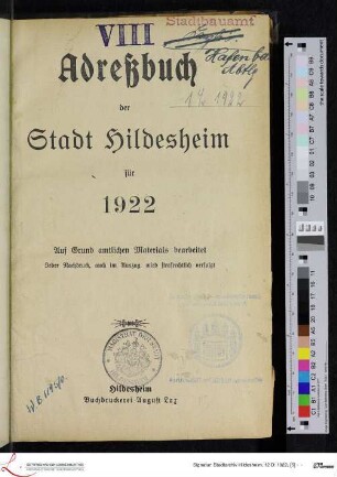 1922: [1922] Adreßbuch der Stadt Hildesheim : für 1922