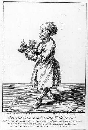 Karikatur auf einen Mann mit einem Tablett in der Hand. Bernardino Lucchesini Bolognese