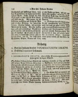 Anhang 1. Des seel. Johann Arndts Informatorium Biblicum. 2. Desselben doppeltes Testament.