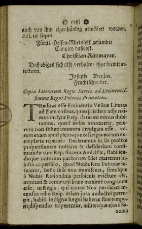 Copia Literarum Regis Sueciæ ad Eminentissium Regni Poloniæ Primatem.