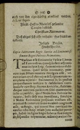 Copia Literarum Regis Sueciæ ad Eminentissium Regni Poloniæ Primatem.