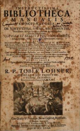 Instructissima Bibliotheca Manualis Concionatoria : In Qua De Virtutibus, Vitiis, Sacramentis, Novissimis, aliisque similibus materiis in Ecclesiastica Cathedra tractari solitis, Copiosa Et Selecta Pro Concionibus, Exhortationibus, aliisque spiritualibus Instructionibus materia, Nempe Definitiones, Divisiones, Sententiae SS. Scripturae ... proponuntur ..., 2. Continens Literas I - P
