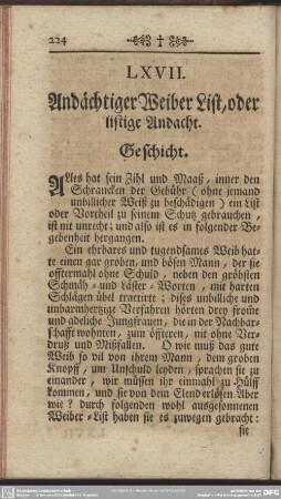 LXVII. Andächtiger Weiber List, oder listige Andacht. Geschicht