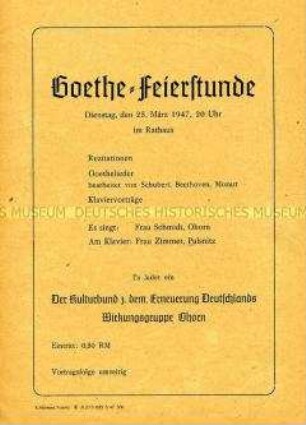 Programmblatt zu einem Literatur-Abend mit Werken von Johann Wolfgang von Goethe