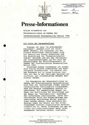 Presse-Information: Grundsätze zur Bürgerbeteiligung im Rahmen der IBA 1984