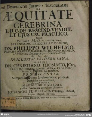 Dissertatio Iuridica Inauguralis, De Aequitate Cerebrina : L. II. C. De Rescind. Vendit. Et Ejus Usu Practico
