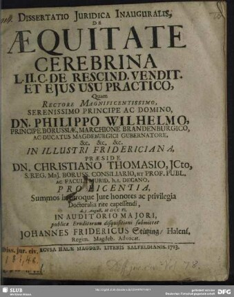 Dissertatio Iuridica Inauguralis, De Aequitate Cerebrina : L. II. C. De Rescind. Vendit. Et Ejus Usu Practico