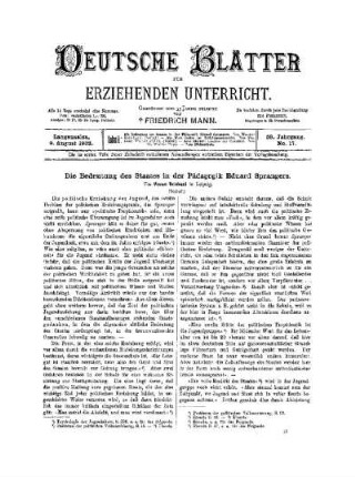 Die Bedeutung des Staates in der Pädagogik Eduard Sprangers : (Schluß)