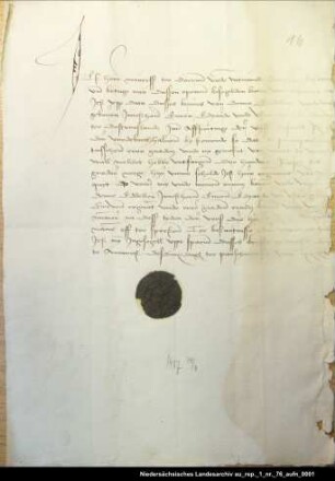 Hero Maurits von Dornum quittiert der Gräfin Theda von Ostfriesland über 300 Gulden = OUB II, Nr. 1182, S. 250 Aufgedrücktes Siegel beschädigt erhalten