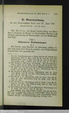 21) Gewerbeordnung für den Norddeutschen Bund vom 21. Uni 1869