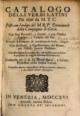 Catalogo delli verbi Latini piu usati da M. T. Cicerone